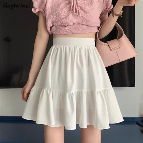 Skirts Women Korean Style Fashion Simple Solid Ruffles Empire Chic Soft Students Summer Ladies Clothing Teens Leisure All-match
