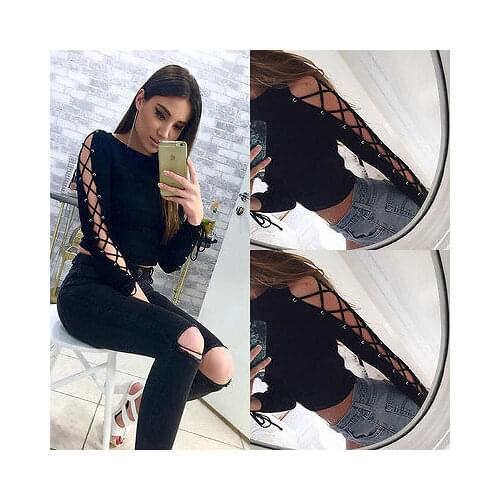 Sexy Women Blouse Loose Long Sleeve Top Bandage Casual Crop Tee Tops Blouse Shirt New Hot Skinny Fashion