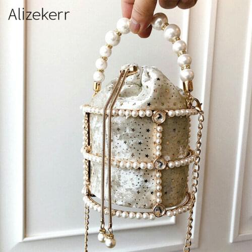 Hollow Out Pearl Bucket Evening Bag Women 2020 Luxury Designer Korean Handmade 2020 Hot Personality Elegant Party