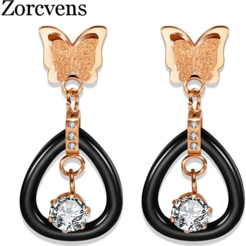 ZORCVENS Rose Gold Color Stainless Steel Butterfly Pendant Earring Crystal Rhinestone Ceramics Earrings for Woman