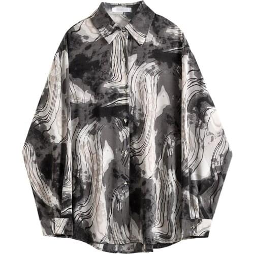 Printed Women Shirts Vintage Black Loose Turn-Down Collar Casual All Match Female Outwear Coats Tops