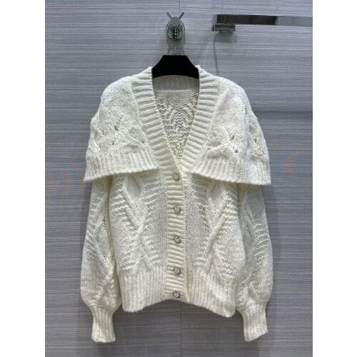 2021 early autumn womens new temperament girl shawl rhombic crochet V-neck cardigan jacket