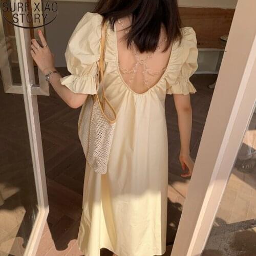 2021 Spring Fashion French Style Vintage Puff Sleeve Summer Backless Beaded Dress Apricot Black Maxi Dresses for Women 14100