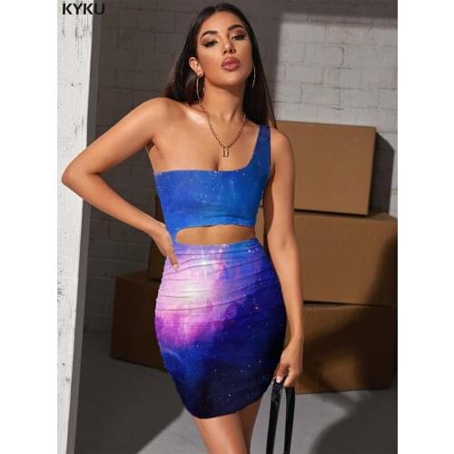 KYKU Brand Galaxy Dress Women Nebula Pleating Colorful Vestido Sexy Space Bodycon Dress Womens Clothing Mini Evening Short