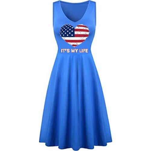 2020 Fashion Casual V-neck Midi Dress High Waist Dresses Elegant Vestidos Heart American Flag Pattern Sleeveless Dress Women
