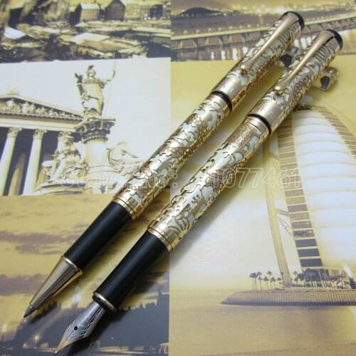 2PCS Jinhao Embossed golden dragon Pen High Quality Fountain Pen and Roller ball pen White Orange Optional J55KE3