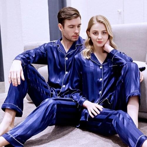 Couple 2PCS Pajamas Casual Striped Bathrobe Silky Satin Autumn New Pyjamas Suit Bridal Wedding Gift Sexy Intimate Lingerie
