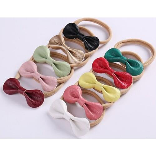 20 PCS/LOT Handmade Big pattern Leather Bow Headband With Elastic Nylon Hair Band For Girls Hair Accessories