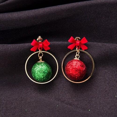 2020 Christmas Red Green Glitter Bowknot Ball Drop Earrings for Women Gold Color Circle Hollow Layed Dangle Earrings Jewelry