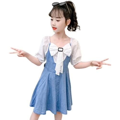 Dress Girl Big Bow Party Dress For Girls Patchwork Kids Denim Dresses Summer Kids Costume 6 8 10 12 14
