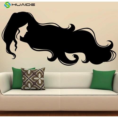 Long Hair Girl Wall Decal Hairstyle Beauty Salon Barber Shop Vinyl Sticker Bedroom Home Decor Wall Poster Art Murals A112
