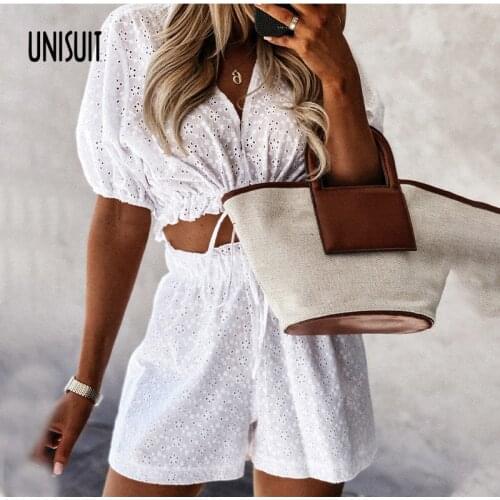 Summer Fashion Solid Suit Elegant Ruffles Embroidery Hollow Out Women Set Female V-neck Tie-up Crop Top And Shorts Casual Suits