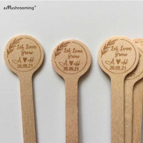 100pcs Let Love Grow Wedding Cocktail Stirrers with Initials and Date Custom Engraved Bridal Shower Round Wood Coffee Stir Stick