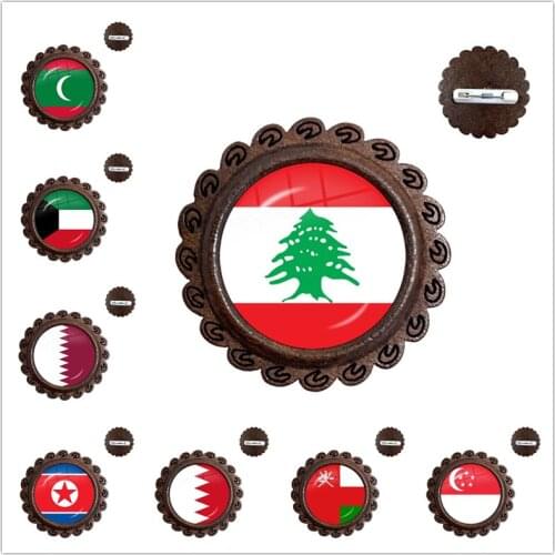 Kuwait,Qatar,North Korea,Bahrain,Oman,Singapore National Flag Wood Glass Cabochon Punk Brooches Pins Bag Accessories Gift
