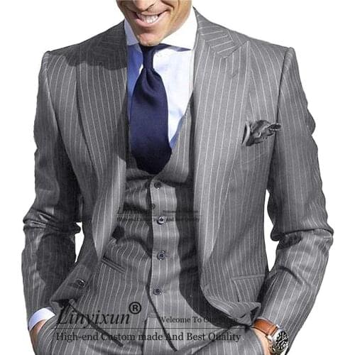 2021 Mens Suits with Pants Stripe Mens Blazer Slim Fit Wedding Male Groom Tuxedos suit Prom (Jacket+Pants+Vest) costume homme
