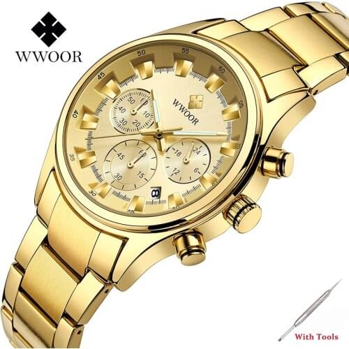 WWOOR Top Brand Luxury Men Quartz Watch Full Stainless Steel Three Eyes Six Pins Chronograph Wristwatch 12/24 Hours Clocks Gift