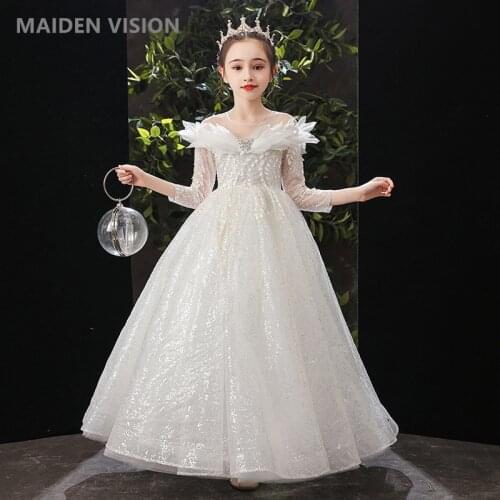 Teenage Wedding Wings Sequin beaded Girl Dress Opening Ceremony Party Pageant ball gown sequins Long Girl Dresses Kids vestido
