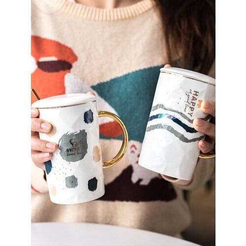 Simple Nordic ceramic mug creative couple milk coffee cup with cover spoon household large capacity tea water drinkware