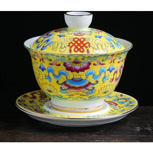 Colorful Enamel Gaiwan Chinese Teaware Sancai Tea Bowl Service Tea Cup and Saucer Set 150ml Teacup Jingdezhen Porcelain Tureen