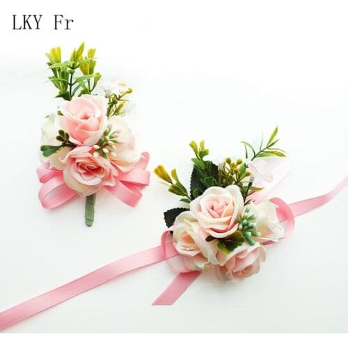 LKY Fr Wedding Boutonniere Groom Brooch Flowers Artificial Roses Bracelet for Bride Corsage Pins Marriage Wedding Men Buttonhole