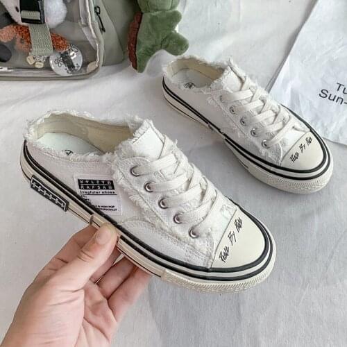 Spring Half Slippers Canvas Women Shoes Summer Flat White Shoes Without Heel Comfort Non-slip Lace Up Womens Vulcanized Shoes