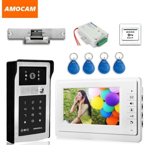 7" Video Door Phone Intercom Doorbell System Kits Aluminum Alloy camera ID Card+Exit+Electric Door Strike Lock video doorphone
