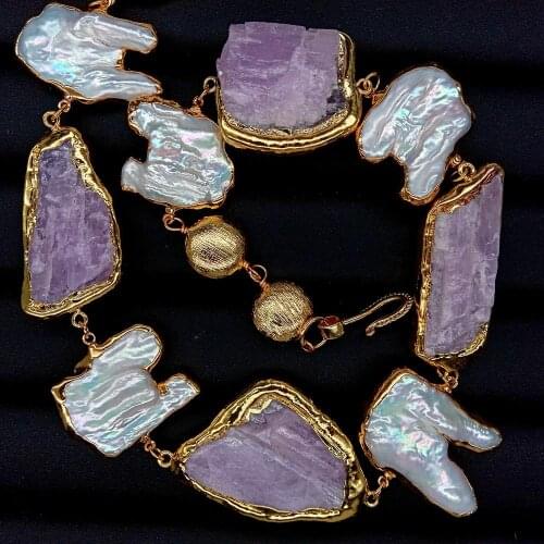 Y·YING Cultured White Keshi Pearl Pink Morganite Rough With Electroplated Edge Necklace 22"