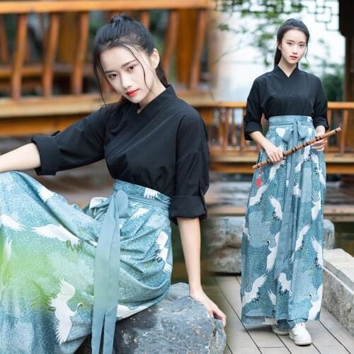 Japanese Kimono 2021 Haori Japanese Style Kawaii Girls Crane Print Long Skirt Samurai Cosplay Japan Dance Costume Dress