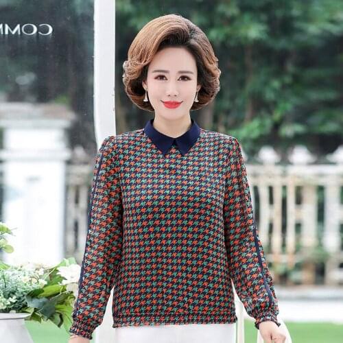 Houndstooth Print Womens T-shirt Plus Size Clothing Casual Sweet Lapel Long Sleeves Office Lady Work Wear Spring OL Tee Tops
