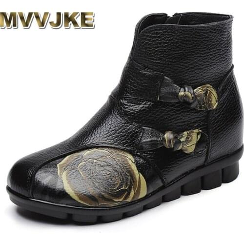 MVVJKE Brand Women Flat Bottomed Floral Genuine Leather Boots Warm Cotton Shoes Folk Style Female Retro Mother Cowhide Shoes