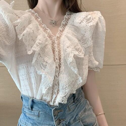Ladies blouses V-neck Lace Ruffle chiffon shirt Womens Shirts blouse blusas femininas 2021 New Summer Short sleeve 30600J