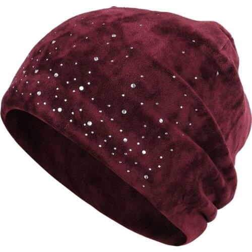 Women Skullies Winter Velvet Hat Beanies Soft Warm Shiny Pearls Rhinestones Hats F3MD