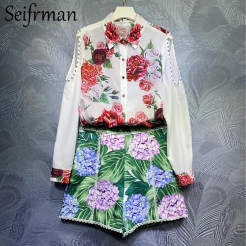 Seifrmann New 2021 Summer Women Fashion Runway Shorts Set Lantern Sleeve Beading Loose Blouses+High Waist Floral Printed Shorts