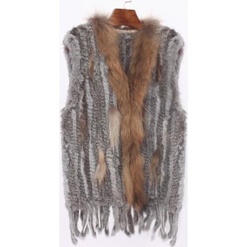 ETHEL ANDERSON Womens Handmade Knitted Gilet Real Farm Rabbit Fur Vest/Top Lady Warm Raccoon fur Collar Vtg Tassels Wholesale
