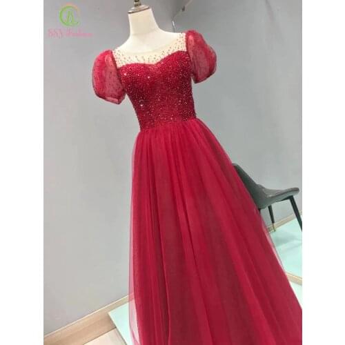 SSYFashion New Evening Dress for Women Real Picture Luxury Princess Puff Sleeve Sequins Beading A-line Prom Formal Gown Vestidos
