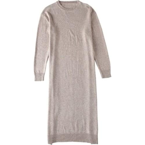 100%cashmere thick knit women brief low Oneck loose long dress sweater solid color S-L
