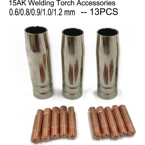 13Pcs CO2 Mig Welding Torch Aircooled MB 15AK Contact Tip Holder Gas 0.6 0.8 1.2 0.9mm Welder Shield Shroud Nozzle Tip Kit