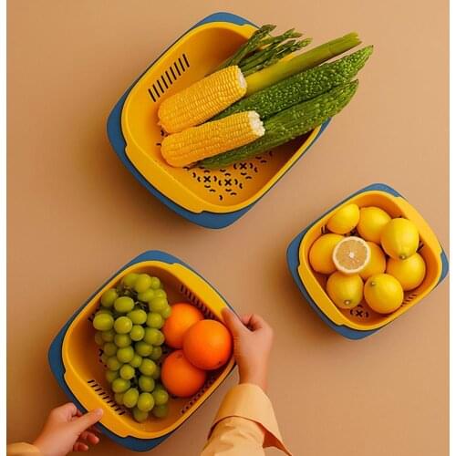 2Pcs Home Kitchen Fruit Vegetable Washing Draining Basket Strainer Holder Bowl