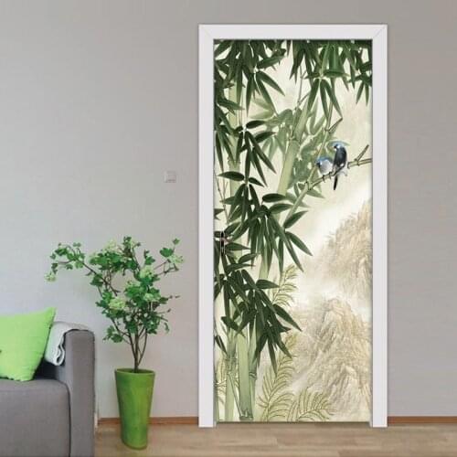 3D Door Sticker Mural Wallpaper Hand Painted Bamboo Forest Bird Picture Wall Decals Bedroom Living Room Door Stickers Home Decor