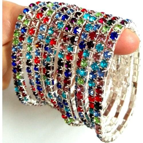 50pcs Charm Womens Girls Elastic Colorful Zircon Shiny Crystal Bright CZ Bracelets Wristbands Bangles Birthday Xmas Party Gift