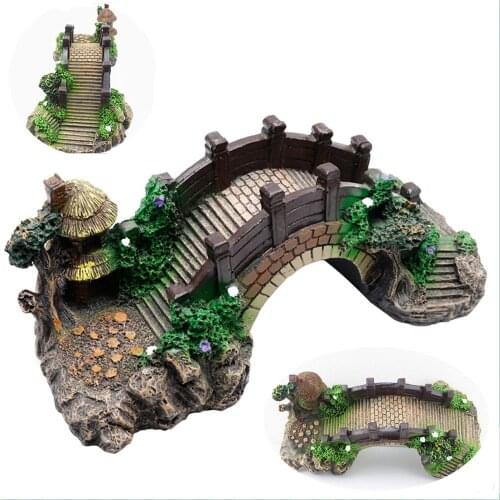 Aquarium Fish Tank Vintage Decorative Bridge Landscape Ornaments Pavilion Tree Plants Resin Design Pet Supplies Home Decorations