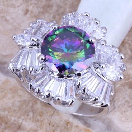 Rainbow Cubic Zirconia White CZ Silver Plated Big Ring Size 6 / 7 / 8 / 9 E693