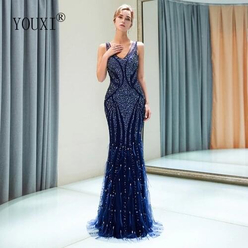 Elegant Double V-Neck Evening Dresses Long 2019 Navy Blue Tulle Beaded Beads Crystal Luxury Robe Soiree Dubai abendkleider