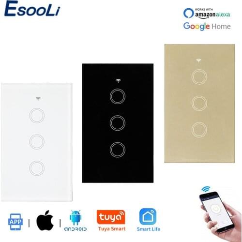 EsooLi Glass Panel WIFI Touch Switch US Standard Smart Home Wall Switch Wireless Control By Tuya APP 3 Gang Null and Fire Line