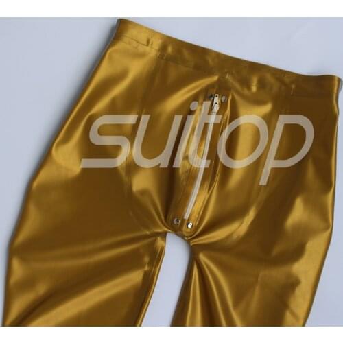 Suitop 0.45mm latex rubber glued leggings with front zip for ault males or women Metallic Gold and silver
