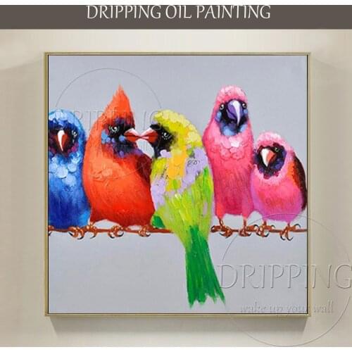 Artist Hand-painted High Quality Colorful Parrot Birds Oil Painting on Canvas Knife Painting Four Birds Parrot Oil Painting