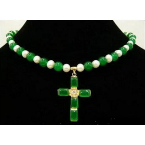 Hot sale Genuine White Pearl Green Jade 18KGP Crystal Cross Pendant Necklace