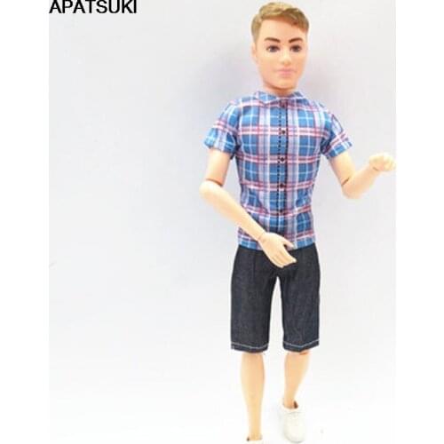 Fashion Doll Clothes For Ken Doll Outfits Blue Plaid T-shirt & Jeans Shorts For Barbies Boyfriend Ken 1/6 Boy Doll Accessories