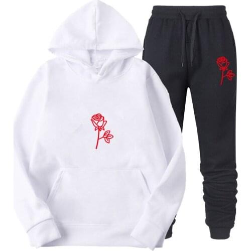 Fashion Brand Men Set Fleece Hoodies Pants Thick Warm Tracksuit Red Rose Sportswear Suits Male Sweatsuit Autumn Winter Sudadera