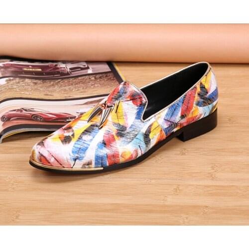 Christia Bella New Trend Multicolored Feather Pattern Mens Genuine Leather Flats Shoes Male Fashion Party Dress Loafers Shoes